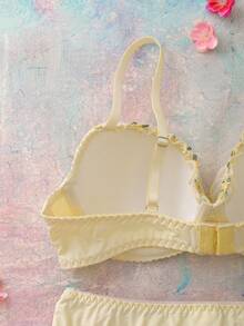 Satin Embroidered Lingerie Set, 3D Beaded Ruffle Trim Underwire Bra And Panty - Yellow - View 4