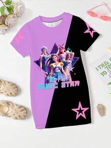 1 pieza Vestido camiseta de manga corta con estampado de personaje de grupo virtual de chicas de K-POP, estilo minimalista fresco y creativo, con corazón morado, estrellas multicolor y eslogan, cómodo y adecuado para primavera, verano, otoño e invierno, conjunto lindo para niña preadolescente, ropa de estilo Y2K - Morado - Ver 4