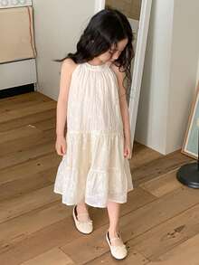 DAZY Young Girl Floral Embroidery Ruffle Hem Cute Halter Neck Dress - Beige - View 6