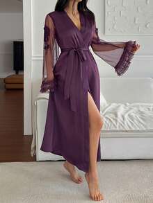 DAZY Lace & Mesh Patchwork Long Sleeve Long Robe, Women Summer & Spring Loungewear Outerwear - Dusty Purple - View 6