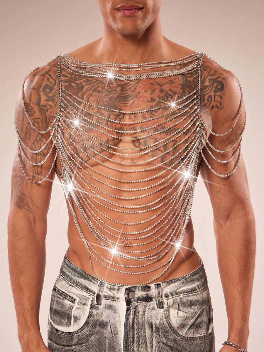 FeverCity Áo tank top lưới xuyên thấu gợi cảm đính đá cho nam - Bạc - Xem 1