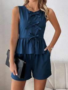 Blusa elegante chaleco de chaleco para mujeres con pantalones cortos de dos piezas - cuello redondo, suéter, diseño de lazo en la parte delantera, dobladillo en volantes, con los mismos pantalones cortos de cuerda, ligero y transpirable, adecuado para el ocio diario en primavera y verano, calle, viajes - azul real - Ver 3