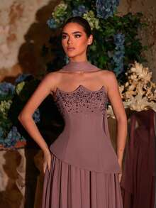 Glamrae Elegante vestido de gasa azul nebuloso de lujo con pedrería hecho a mano, 2 en 1 con cuello colgante de lentejuelas desmontable, adecuado para todas las ocasiones formales, elegante vestido de noche - Rosa vieja - Ver 5