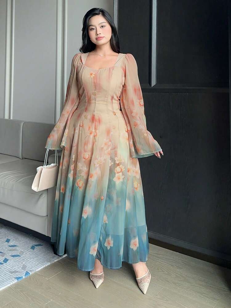 Dazy Plus Floral Print Loose Elegant Long Sleeve Plus Size Dress, Vacation Style Maxi Dress Sundress Boho