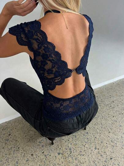 Aloruh Deep V-Neck Lace Backless Sexy Camisole