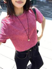 Strévra Women's Round Neck Striped Cropped Loose Short Sleeve Tie-Dye T-Shirt Summer - Pink - View 5