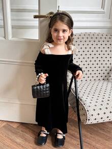 DAZY Young Girl Contrast Color Knot Shoulder Cutout Long Sleeve Dress - Black - View 2