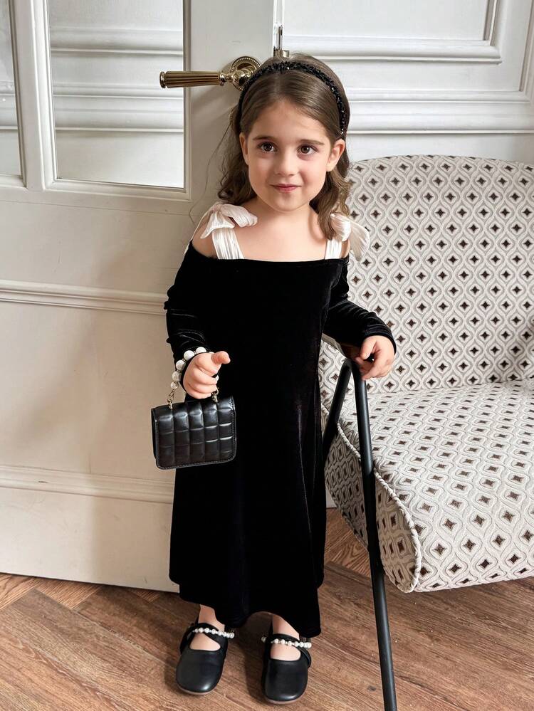 Young Girl Contrast Color Knot Shoulder Cutout Long Sleeve Dress