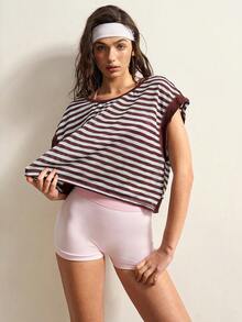 VARSIVA Women's Striped Round Neck Cap Sleeve Backless Sports T-Shirt - Multicolor - View 7