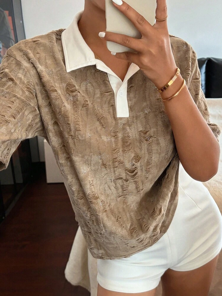 Brown Textured Splice Casual T-Shirt For Women, Suitable For Summer Vacation