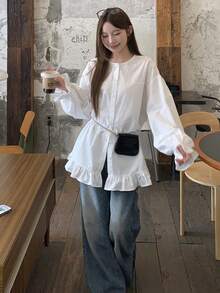 FRIFUL 女士纯色圆领荷叶边袖口单排扣宽松休闲衬衫（夏季款） - 白色 - 查看 5