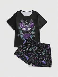 ROMWE Bộ đồ ngủ cỡ lớn phong cách Gothic, họa tiết bướm, hoa hồng, hoa mặt trăng, nấm, thực vật, rắn, bướm in khắp thân. - màu đen - Xem 1