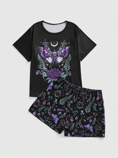 ROMWE Plus Size Gothic Dark Butterfly Rose Floral Moon Moth Mushroom Botanical Snake Butterfly All-Over Print Pajama Set