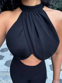 Alexandranx 雪纺假日休闲时尚交叉褶皱后颈纽扣优雅性感女士衬衫 - 黑色 - 查看 5