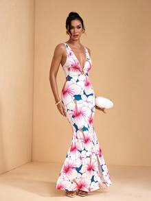 JIAN LASALA All-Over Floral O-Ring Print Deep V Spaghetti Straps Front Slit Women Long Dress Elegant Summer - Multicolor - View 5