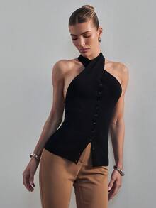 Hauture Áo khoác cardigan cổ yếm chéo cho nữ, kiểu dáng gợi cảm, thích hợp mặc đi làm. - màu đen - Xem 4