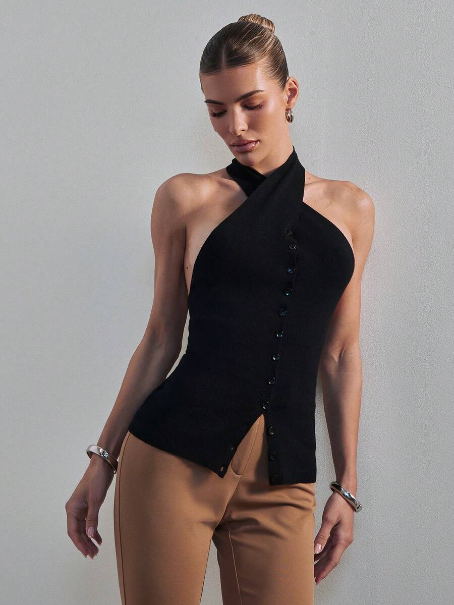 SHEIN Haute Women's Halter Neck Criss Cross Neck Cardigan Sexy Office Wear - Black - View 1