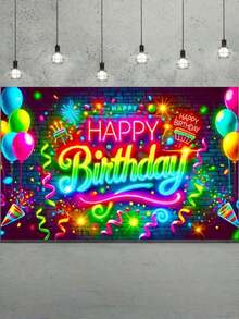 1pc Neon Happy Birthday Banner With Balloons And Confetti, Polyester Blend Party Background Decoration, Photography Prop, Birthday Party Decorations, Party Background Banner Decoration - Multicolor - View 1