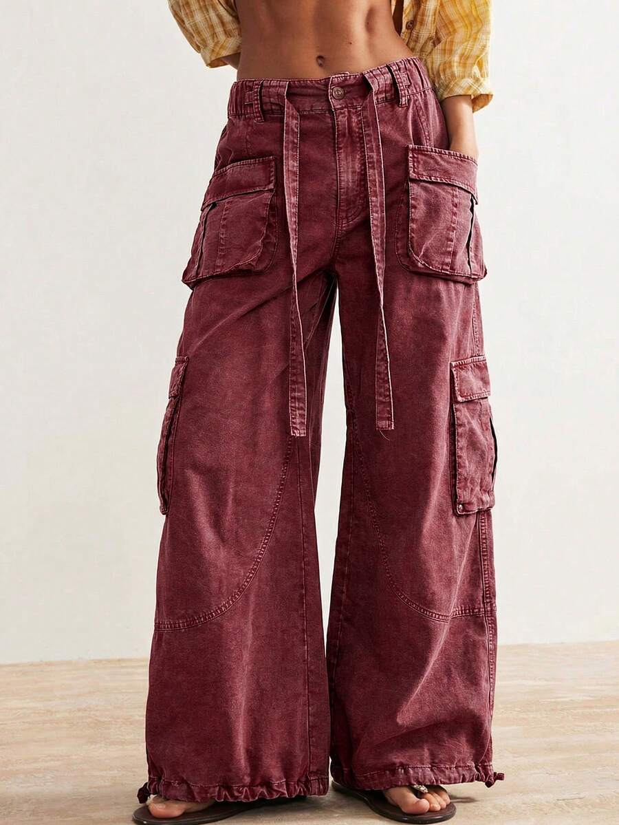 Bohemela 女士休闲纯色梭织宽松抽绳腰低腰阔腿裤 - 酒紅色 - 查看 1