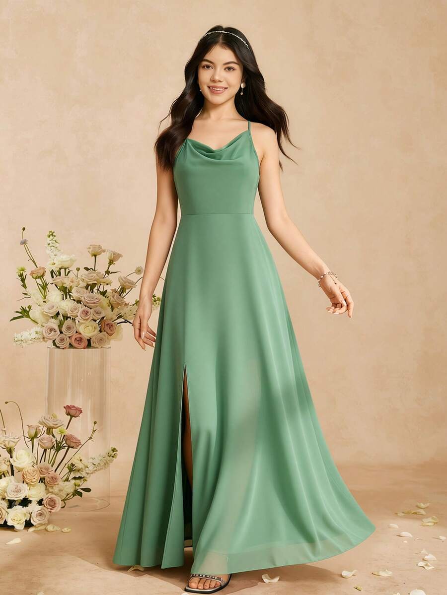 Elegant Chiffon One-Shoulder Ruffle Collar Spaghetti Strap Waist Slit Dress, Suitable For Weddings, Proms, Birthdays, Parties, All Seasons - Green - View 1
