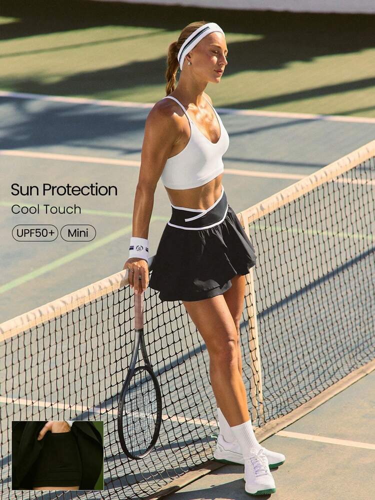 Double The Love Silky Smooth Quick-Dry UPF 50+ Crossover Waistband Built-In Shorts Side Pockets Two-Tone Double-Layer Skirt Low Impact Tennis Golf Pickleball Daily Casual Wear