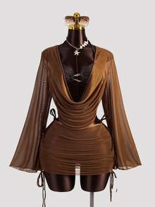 Swim SXY 4件套女士新款吊带露背泳衣上装、侧系带比基尼泳裤、长袖套头衫和迷你裙套装 - 咖啡棕 - 查看 8