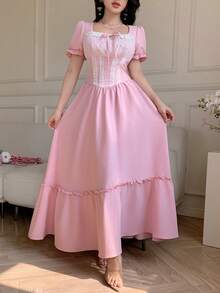 Celisse Pink Lace Patchwork Ruffle Hem Elegant Dress For Women - Pink - View 4