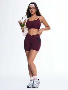 Eassivo 女士运动T恤瑜伽服休闲健身背心露背褶皱吊带衫 - 紫色 - 查看 6