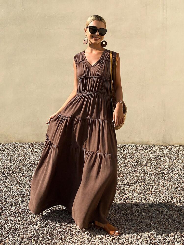 Lace-Up V-Neck Sleeveless Solid Color Midi Dress For Women