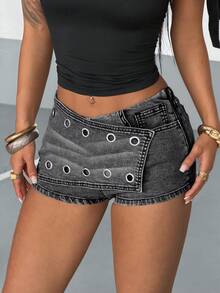 StreetHx Women's Low-Waist Fashionable Sexy Denim Skirt Pants With Keyhole Design - Grey - View 3