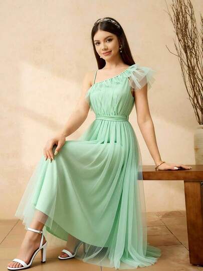 Elegant Flowy One Shoulder Layered Ruffle Collar Ruffle Sleeve Cinched Waist Dress, Solid Color, Suitable For Weddings, Formal Events, Parties, Performances, Birthdays, All Seasons