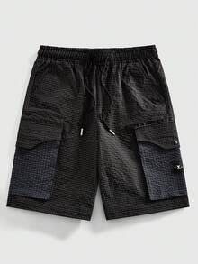 ROMWE MEN Men's Drawstring Waist Pocket Casual Versatile Daily Wear Shorts - Black - View 1