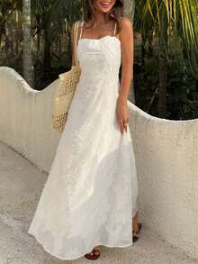 Livesso 蕾丝吊带束腰中长连衣裙，适合度假穿着 - 米色 - 查看 3