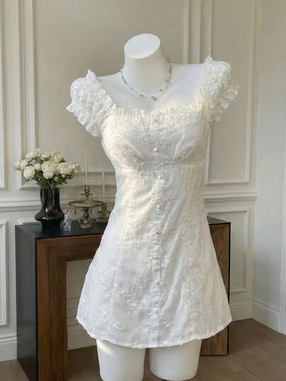 Elamini New Women's Fitted Versatile Mini Dress, Pure Sweet & Spicy Resort Style, Pastoral Countryside Vibe, Backless Versatile Design, White Jacquard Pattern