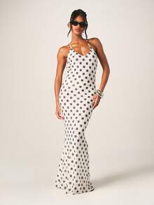 MISSGUIDED Women's Polka Dot Halter Neck Open Back Maxi Dress With Mesh Fabric And Cross Back Straps Summer Evening - Black and White - View 1