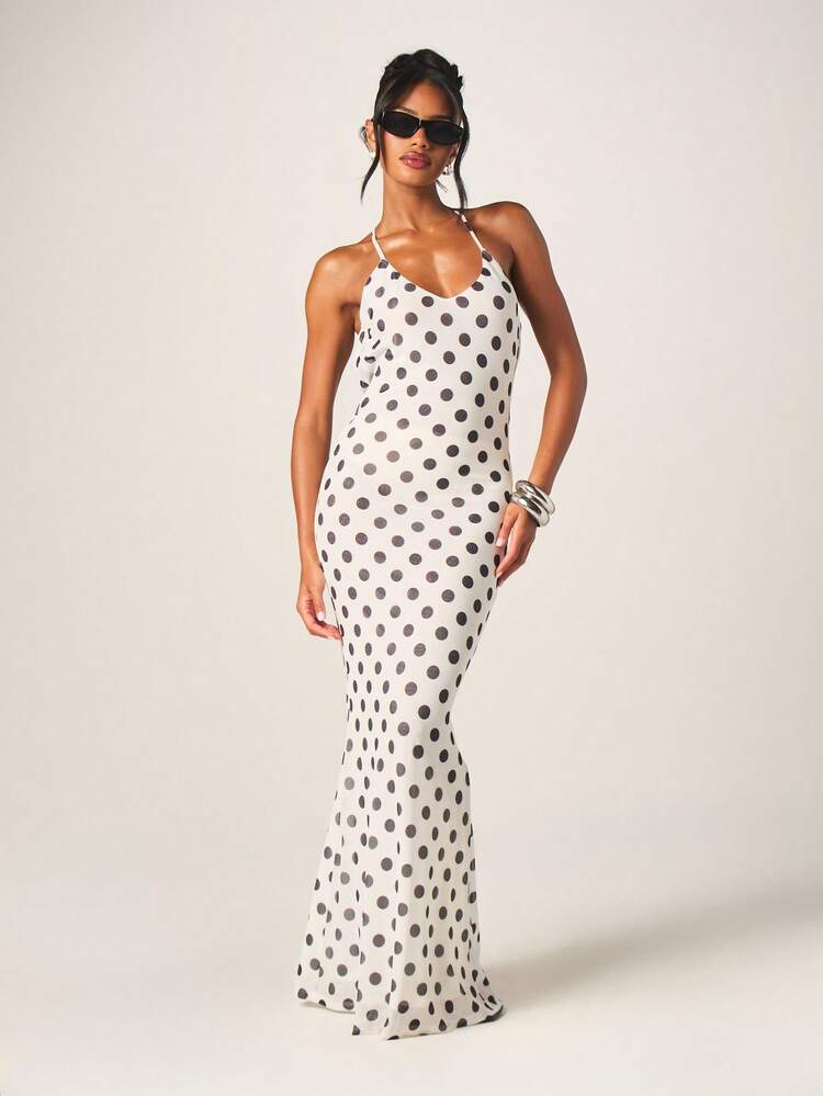 MISSGUIDED Women's Polka Dot Halter Neck Open Back Maxi Dress With Mesh Fabric And Cross Back Straps Summer Evening