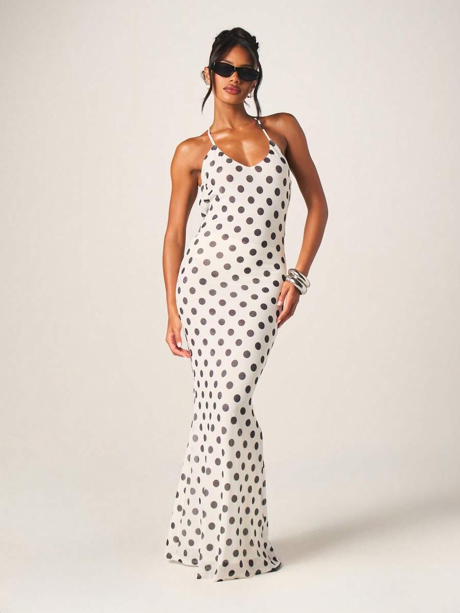 MISSGUIDED Women's Polka Dot Halter Neck Open Back Maxi Dress With Mesh Fabric And Cross Back Straps Summer Evening - Black and White - View 1