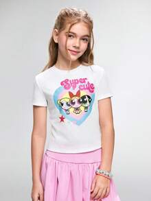 THE POWERPUFF GIRLS X SHEIN 少女圆领卡通字母印花短袖T恤，适合夏季日常穿着 - 白色 - 查看 2