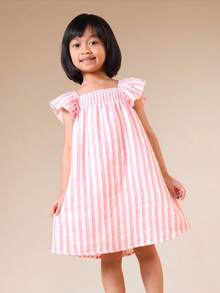 SUMWON Girls Striped Off Shoulder Ruffle Flutter Sleeve Pink White A-Line Mini Dress Summer Casual Everyday Cute - Pink - View 5