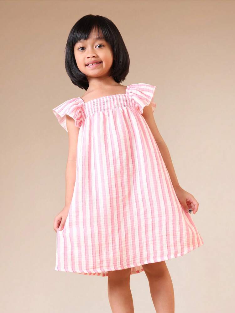 Mädchen gestreiftes Off-Shoulder Rüschen Flatterärmel rosa weiß A-Linie Mini Kleid Sommer Casual Alltag Süß