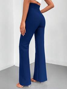 EURMUSE Solid Color High Waist Bell-Bottom Trousers Suit Pants - Navy Blue - View 2