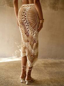 MOTF PREMIUM HANDMADE CROCHET COLORBLOCK ASYMMETRIC HEM KNIT BOHEMIAN WOMEN BEACH COVER UP SKIRT - Multicolor - View 2
