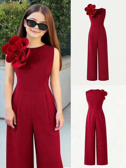 SHEIN 少女休闲优雅红色不对称肩部修身简约3D立体花卉装饰连体裤，适合派对、聚会、婚礼、春夏穿着