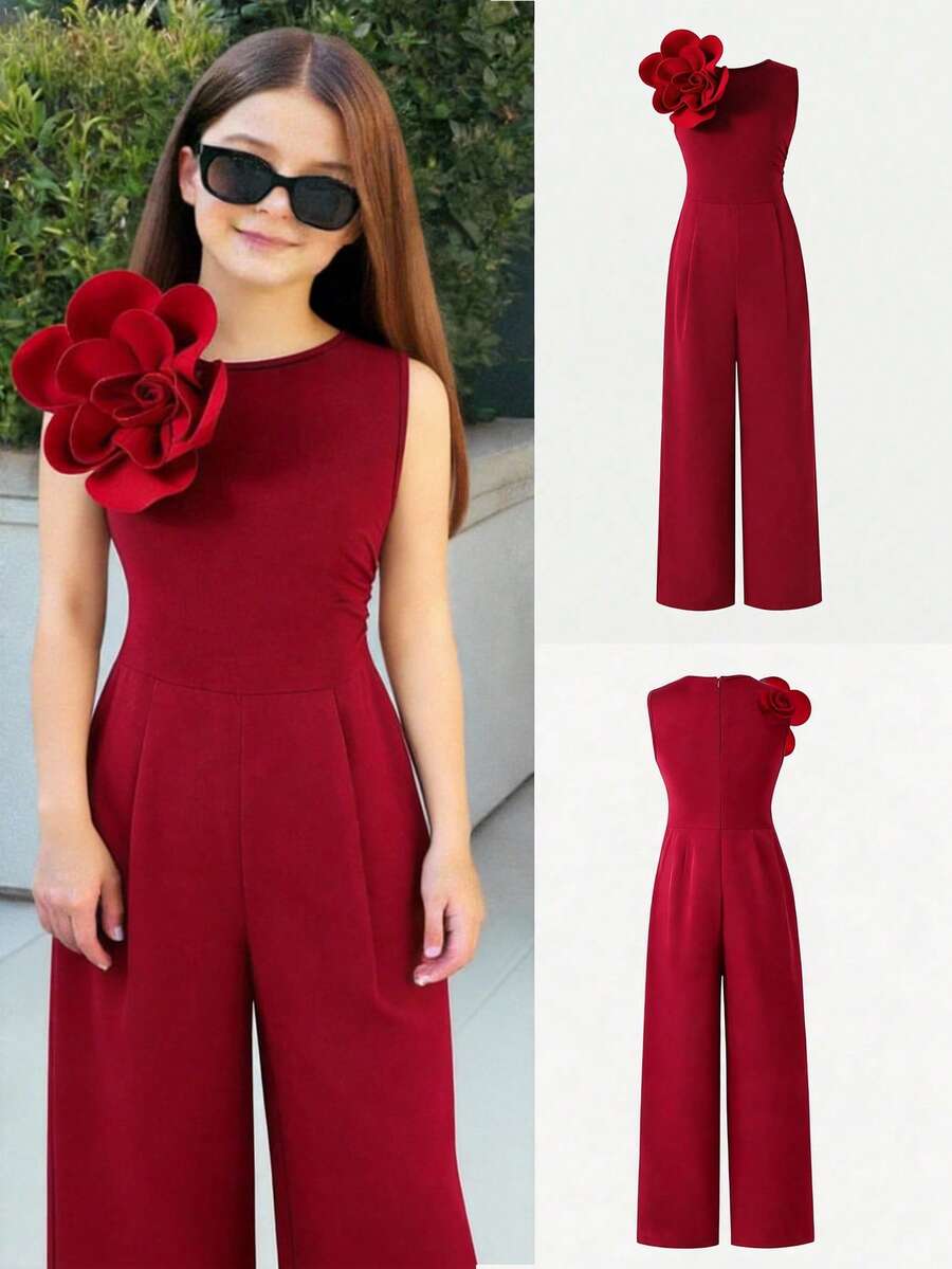 SHEIN 少女休闲优雅红色不对称肩部修身简约3D立体花卉装饰连体裤，适合派对、聚会、婚礼、春夏穿着 - 酒紅色 - 查看 1