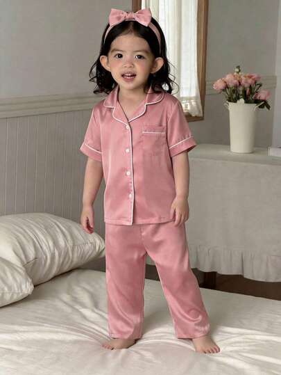 两件套可爱女婴休闲简约短袖衬衫和长裤套装，翻领设计，法式优雅淑女风，返校季，时尚街头风，母女亲子装