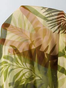 Swim Oasis 加大码绿色纹理U领粗肩带可调节后背褶皱常规下摆叶子印花腰带网纱裙连体泳衣，简约优雅时尚性感沙滩度假 - 綠色 - 查看 7