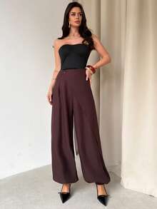 Firerie 女士优雅休闲时尚百搭纯色阔腿裤，中腰棕色裹身宽松阔腿裤，灯笼裤，宽松长裤，适合度假、假日、通勤、办公、教学等场合穿着，百搭实用 - 棕色 - 查看 7