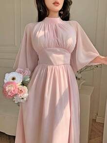 Celisse Women's Elegant Printed Split Flare Sleeve High Neck Mid-Length Dress - Pink - View 3