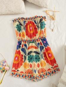Swim Vcay Summer New Women's Swimsuit Cover-Up, Multi-Color Printed Ruffled Waist Romper For Vacation - Multicolor - View 3
