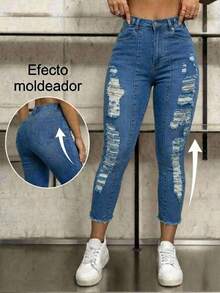 Pantalones vaqueros de cintura media con rotos y flecos 7/10, ajustados elásticos estilo chic para salir de fiesta, citas y looks de en verano - Azul lavado medio - Ver 1
